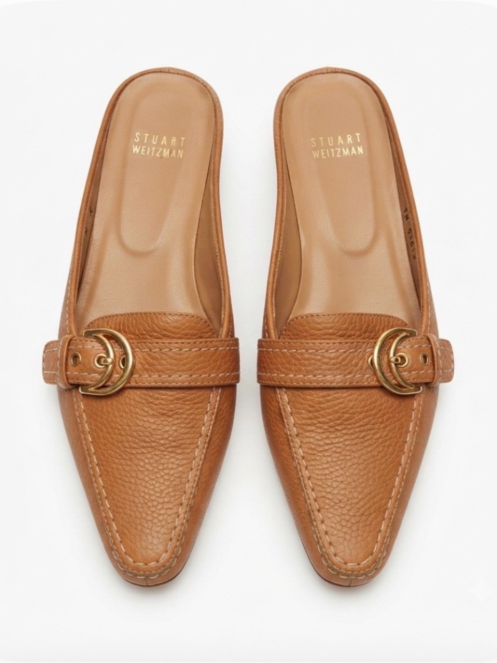 Stuart Weitzman Tan Leather Buckle Kitten Heel Slide Mules Size 9